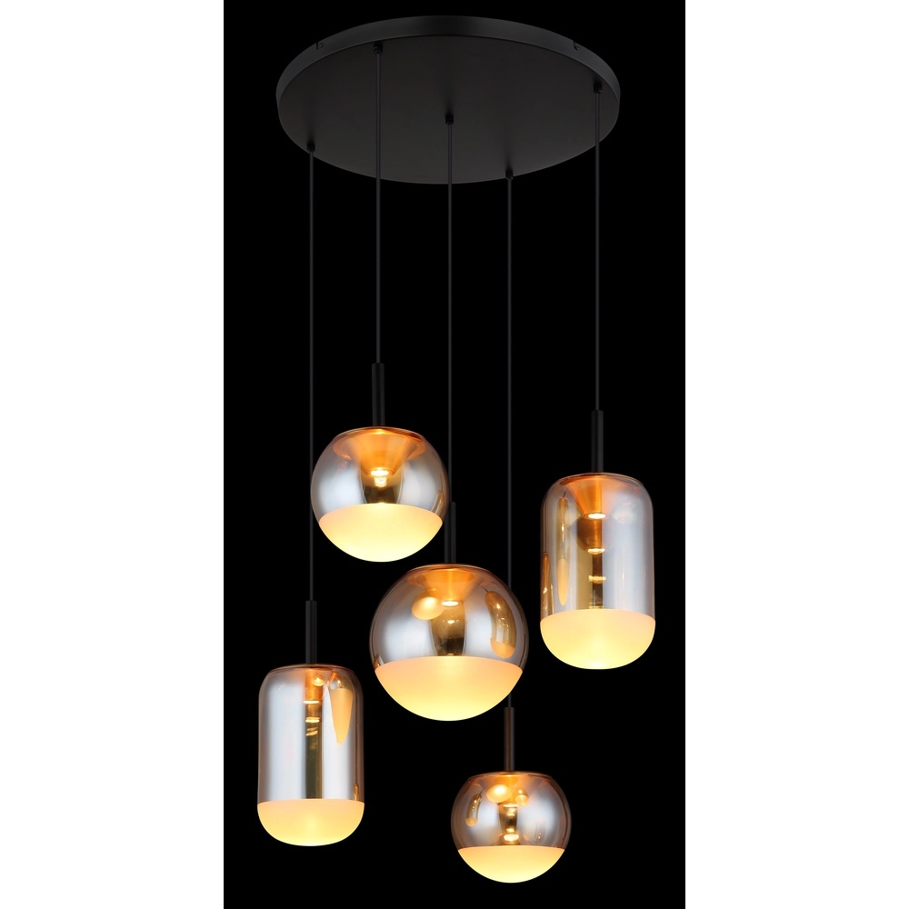 Design-Pendellampe Severin 5-Licht Schwarz mit bernsteinfarbenem Glas Globo 9007371537945