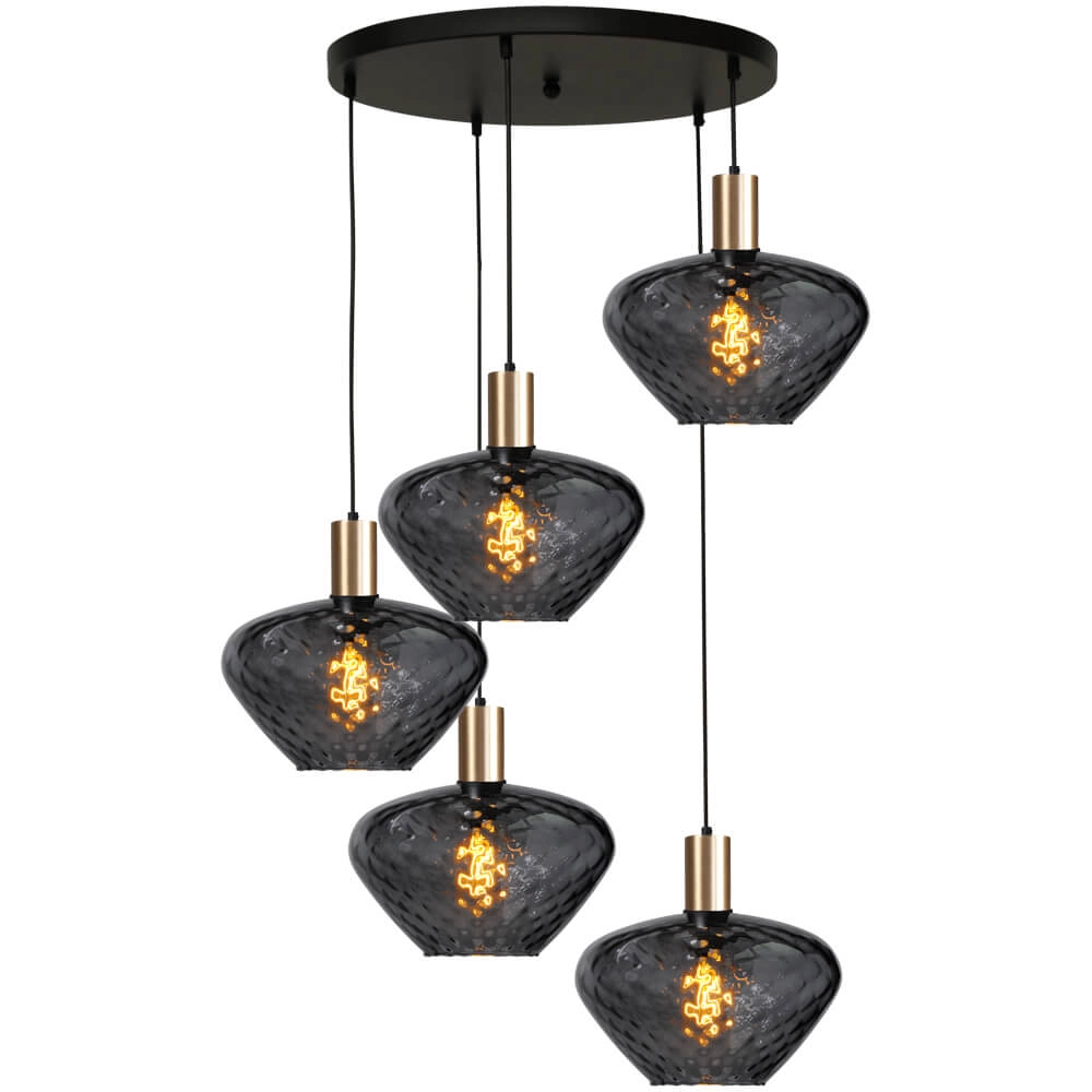 5-flammige Loft-Hängelampe - Gold - Porto mit Blossom-Rauchgläsern