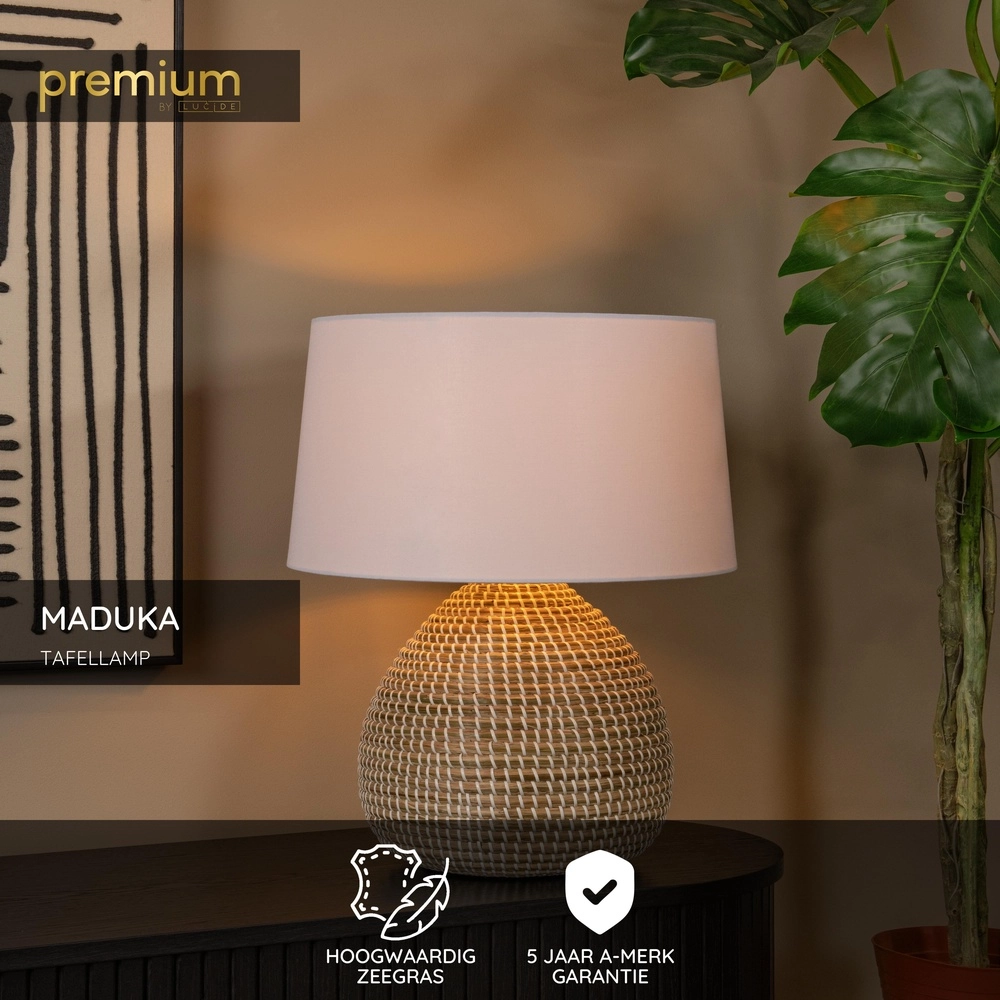 Seegras-Tischlampe Maduka Ø 45cm – braun mit weißem Farbton Premium by Lucide 5411212106087