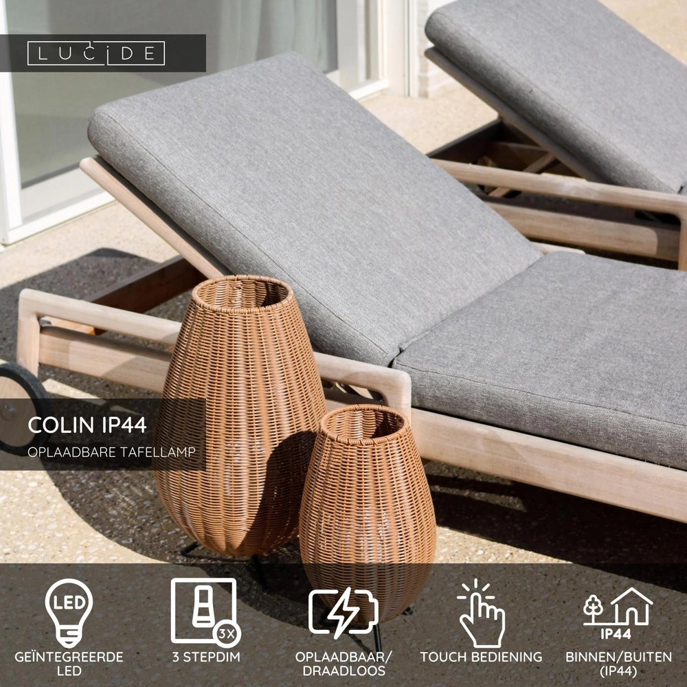 Wiederaufladbare Tischlampe Colin Ip44 Rattan Lucide 5411212031839