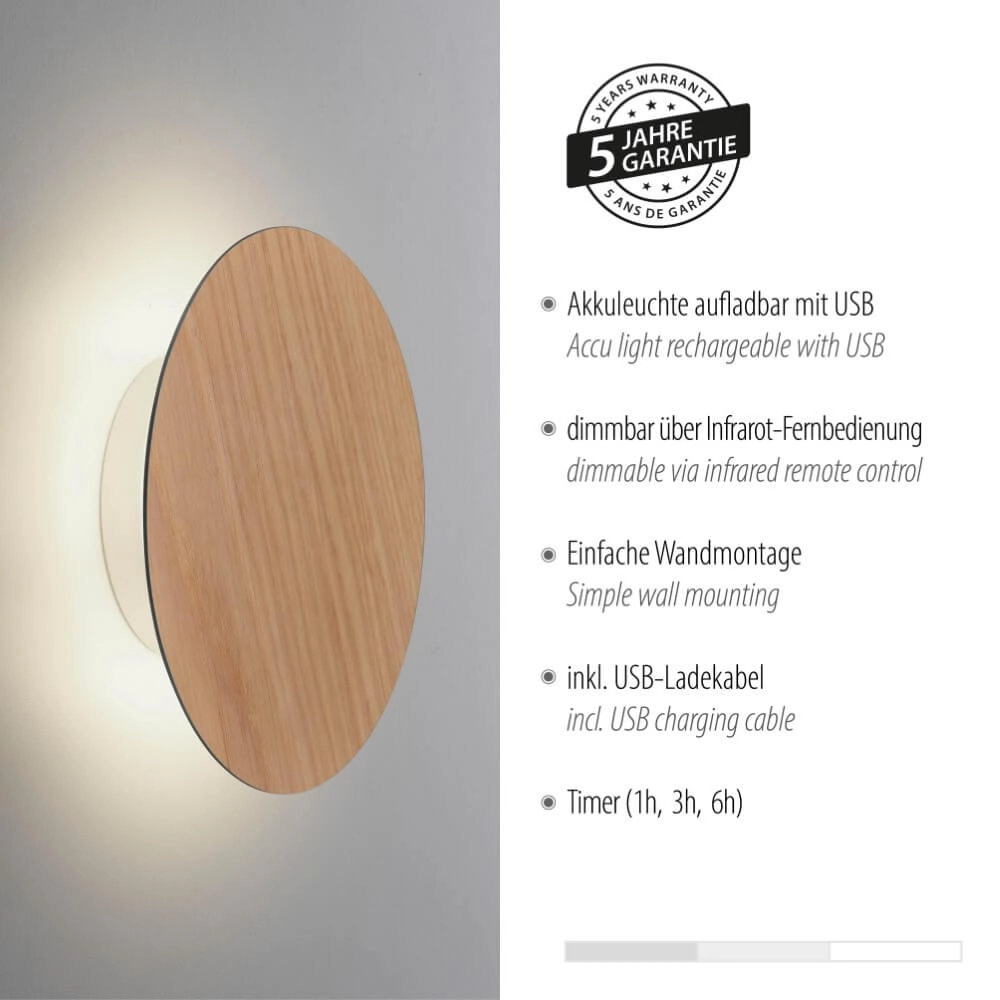 Design-Wandleuchte Akku Puntua Ø 18cm Holz Paul Neuhaus 4012248375785