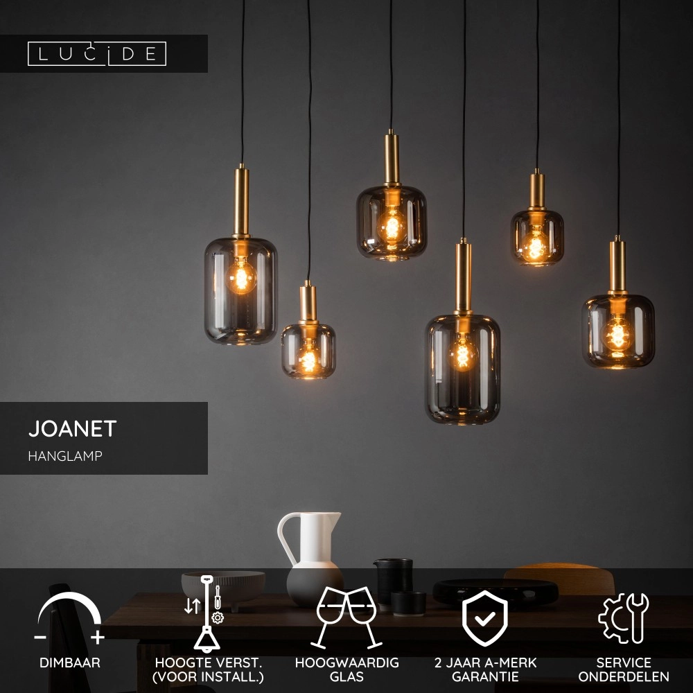 6-Licht Pendellampe Joanet Glattes Gold mit Rauchglas Lucide 5411212451446