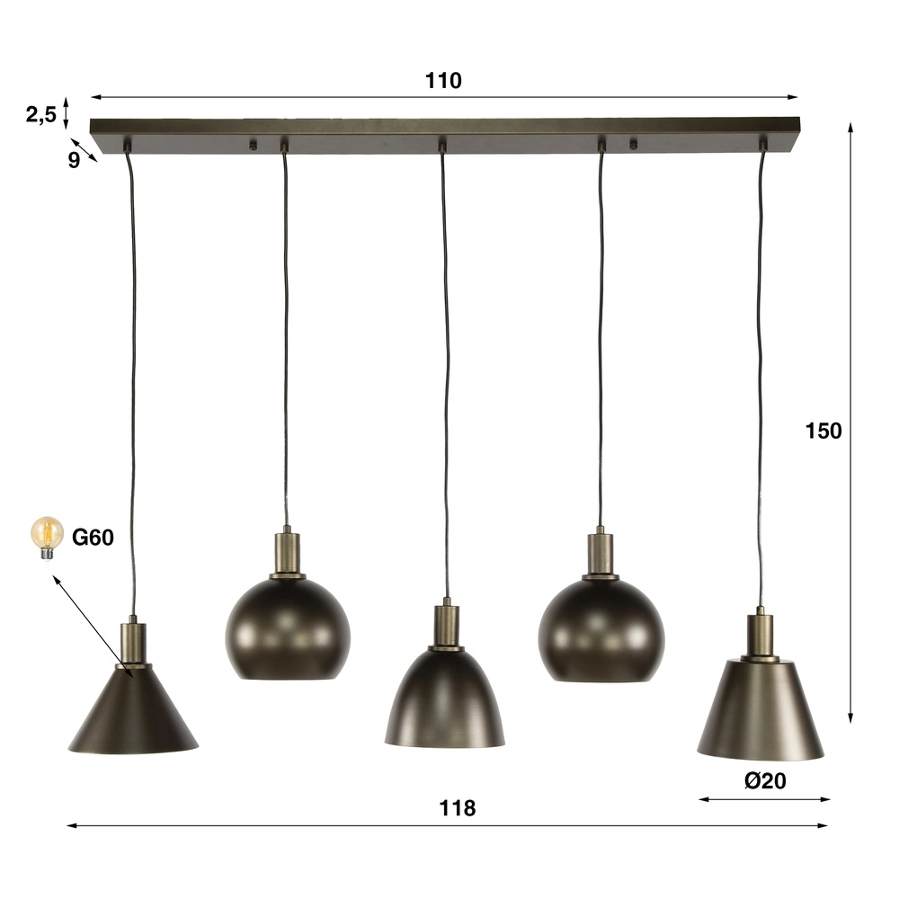 Esstisch-Pendellampe Metallo 5L - Sienabraun - E27 Lyora 8716803512337