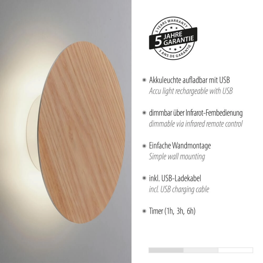 Design-Wandleuchte Akku Puntua Ø 25cm Holz Paul Neuhaus 4012248375792