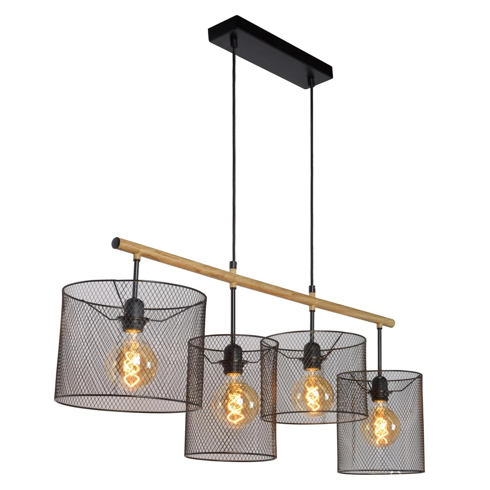 4-Licht Pendellampe Baskett Schwarz mit Holz Lucide 5411212450531