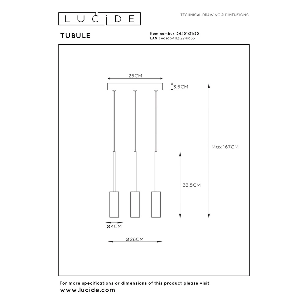 3-Licht Hänglampe Tubule Schwarz Lucide 5411212241863