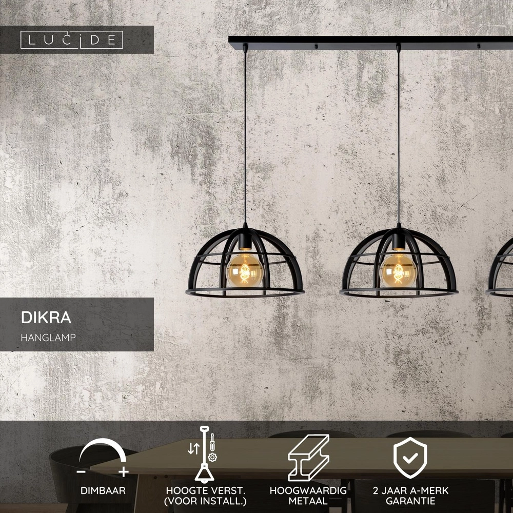 3-Licht Pendellampe Dikra Industriell Schwarz Lucide 5411212761026