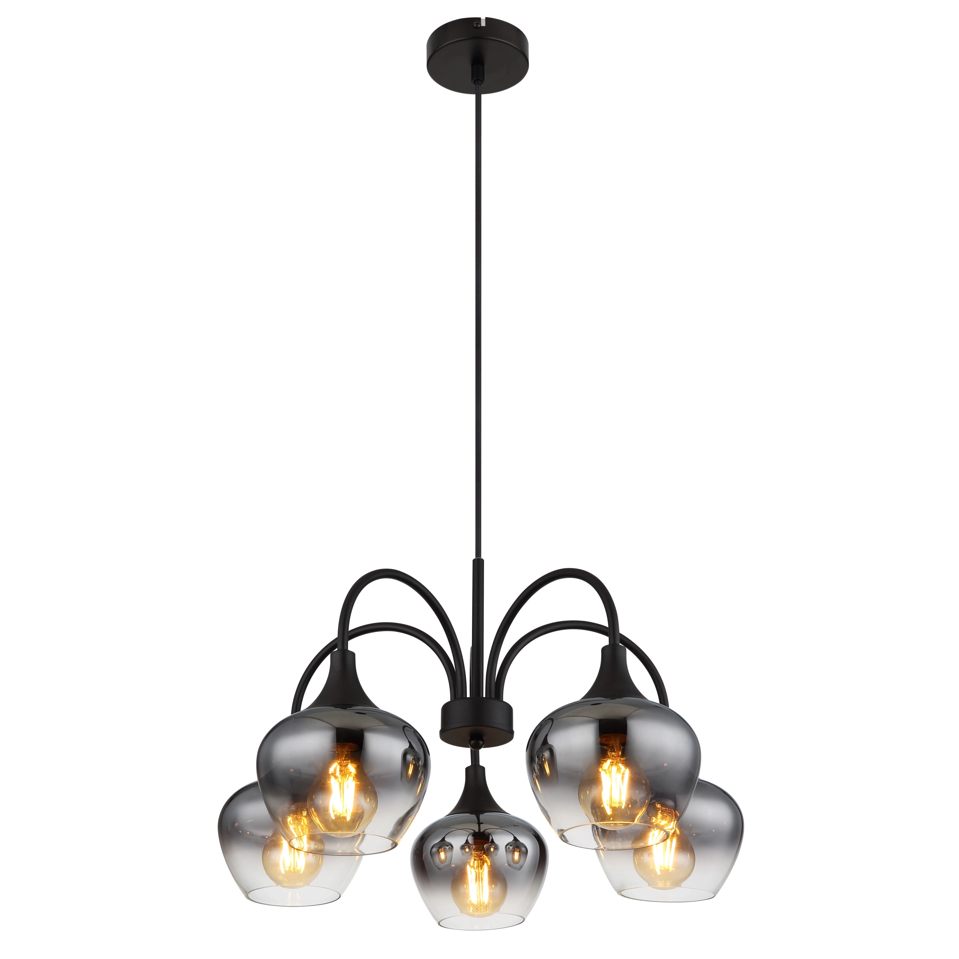 5-flammige Pendelleuchte Maxy schwarz mit Rauchglas
