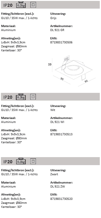 GU10 Einbaustrahler Downel grau Artdelight 8719831730506