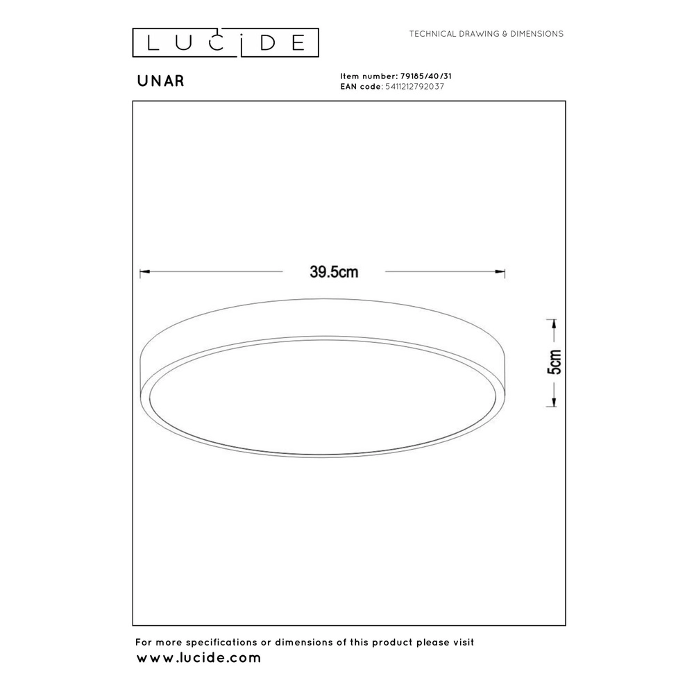 Deckenlicht Unar Ø 39,5 cm - 2700K - weiß Lucide 5411212792037