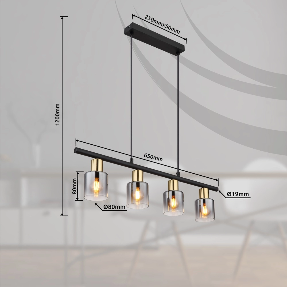 4-Licht Pendellampe Hollsy Schwarz mit Rauchglas Globo 9007371454853