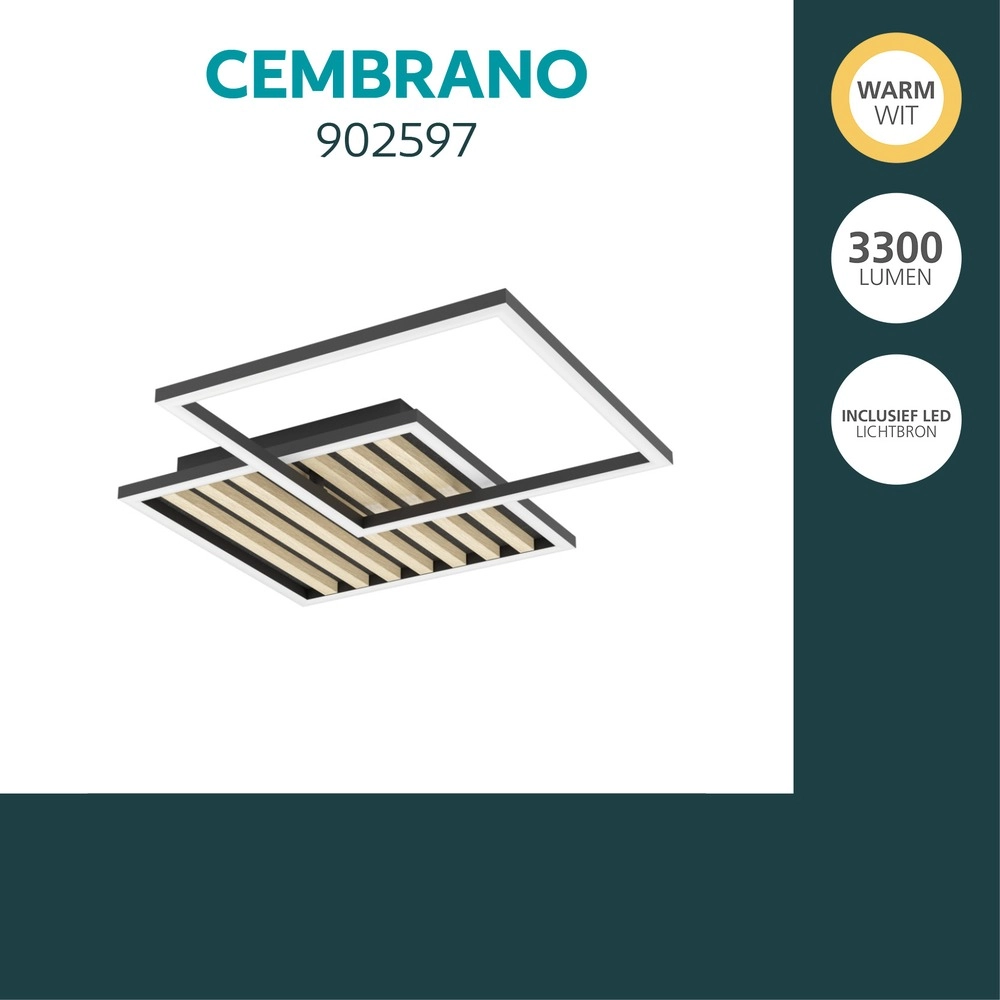 Moderne Deckenlampe Cembrano Schwarz mit Holzquadrat 48,5 x 48,5 cm Eglo 9008606388226