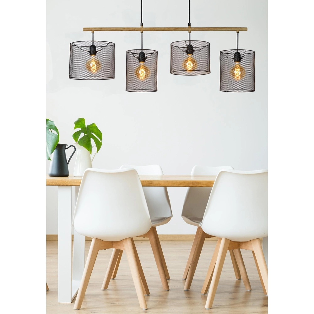 4-Licht Pendellampe Baskett Schwarz mit Holz Lucide 5411212450531