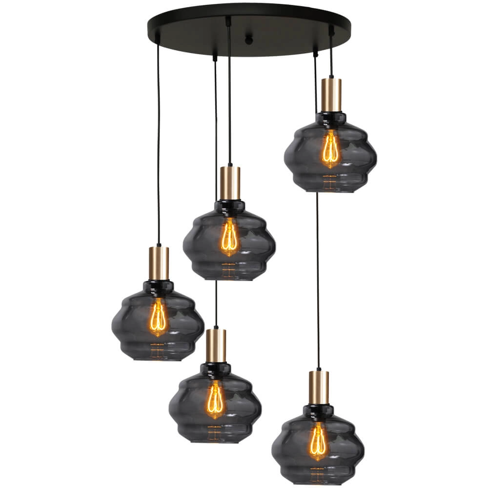 5-flammige Loft-Hängelampe - Gold - Porto mit Kugelrauchgläsern - Ø 24cm