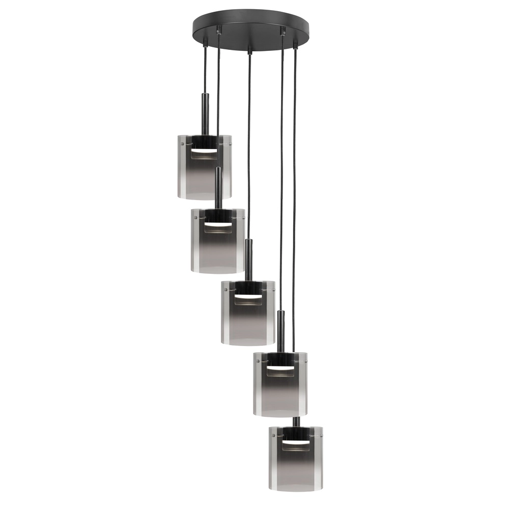 5-flammige Pendelleuchte Salerno Rund schwarz mit Rauchglas