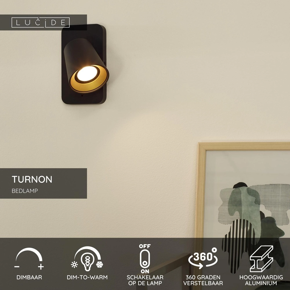 Nachttischlampe Turnon schwach bis warmes Schwarz Lucide 5411212092502
