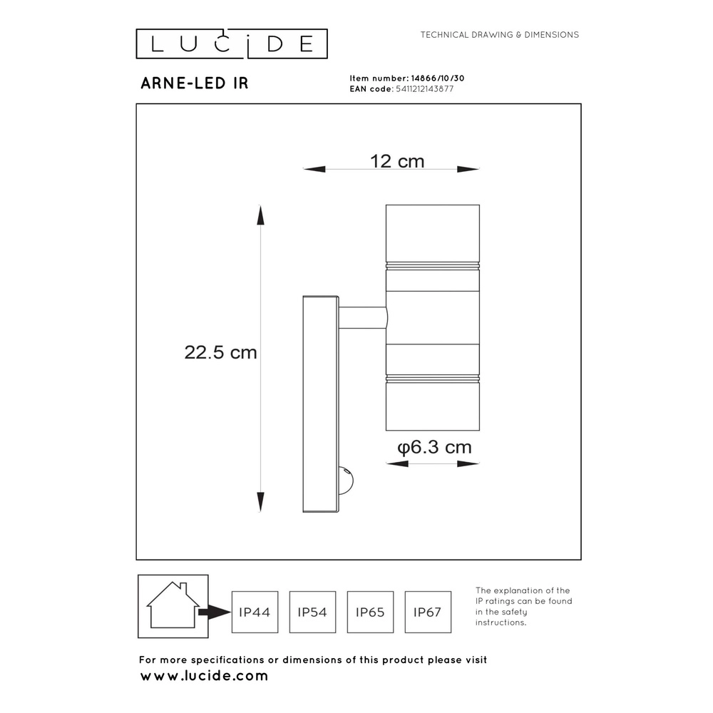 Wandscheinwerfer Arne-Led Ir Auf und ab schwarz mit Sensor Lucide 5411212143877