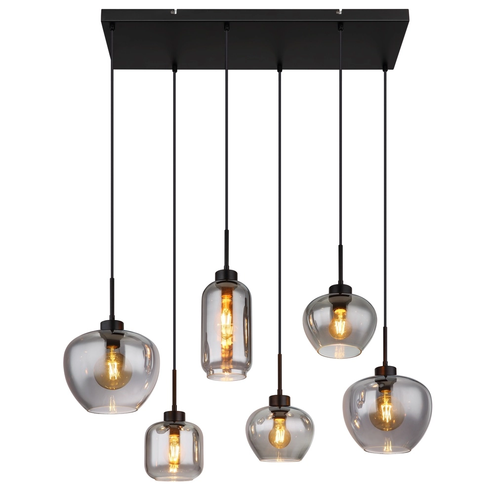6-Licht Pendellampe Matt Schwarz mit Rauchglas Globo 9007371454259