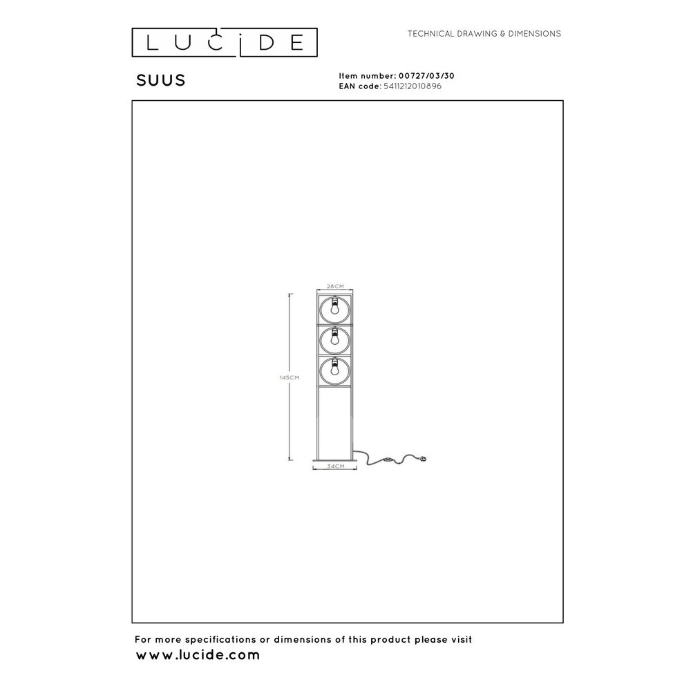 Einzigartige Stehlampe Suus 3-Licht Schwarz Lucide 5411212010896
