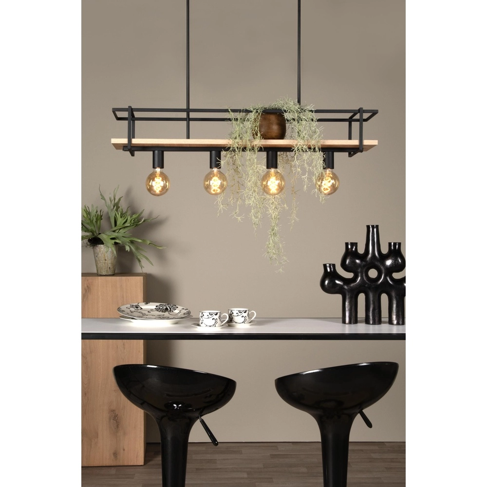 4-Licht Pendellampe Milonga Schwarz mit Holz Lucide 5411212211750