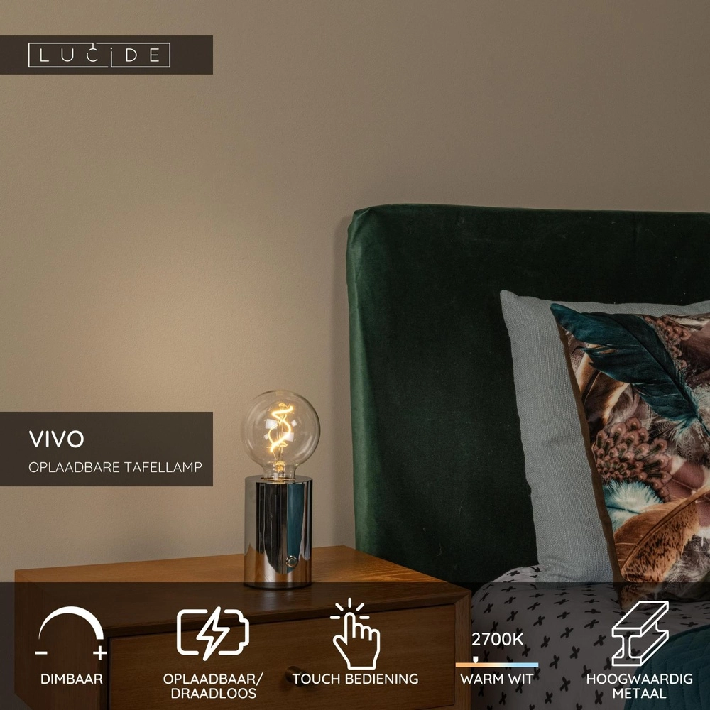 Wiederaufladbare Tischlampe Vivo Chrom Lucide 5411212520869