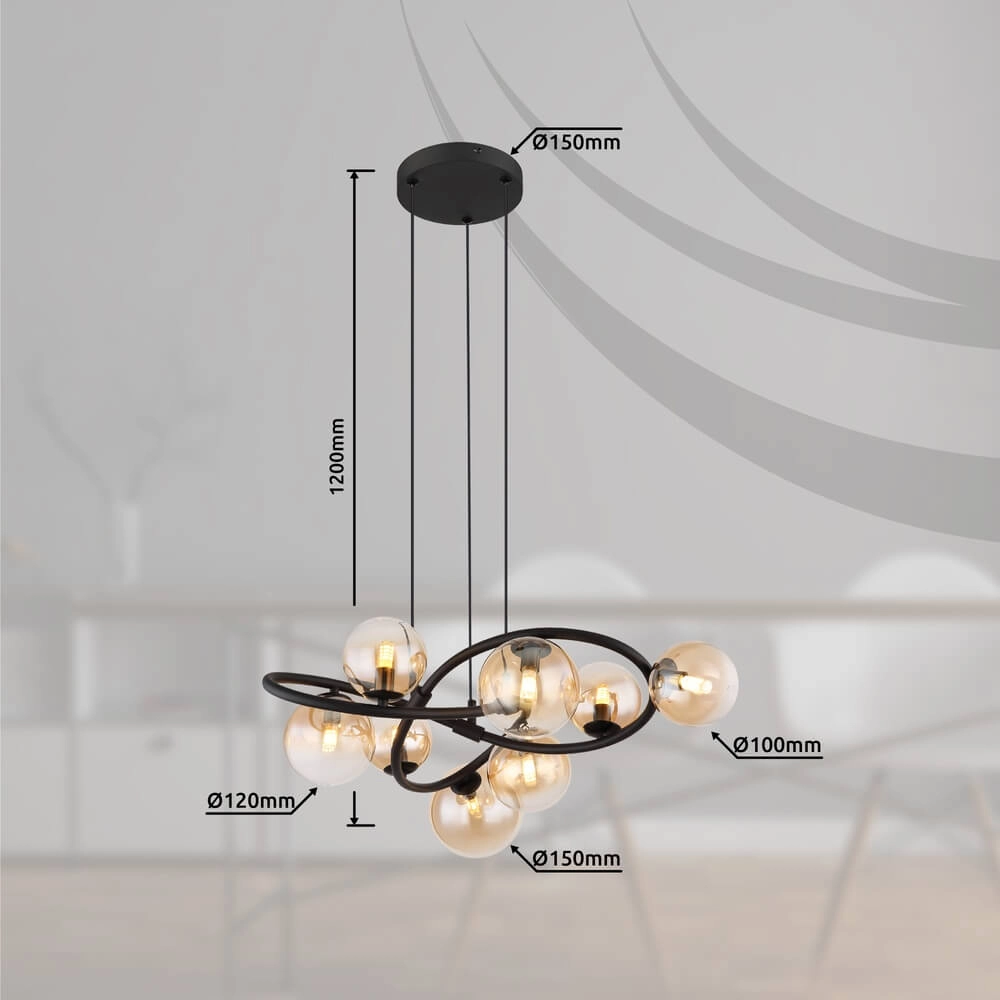 Schwarze Pendelleuchte Tuberius Bauform 8-flammig Globo 9007371449446