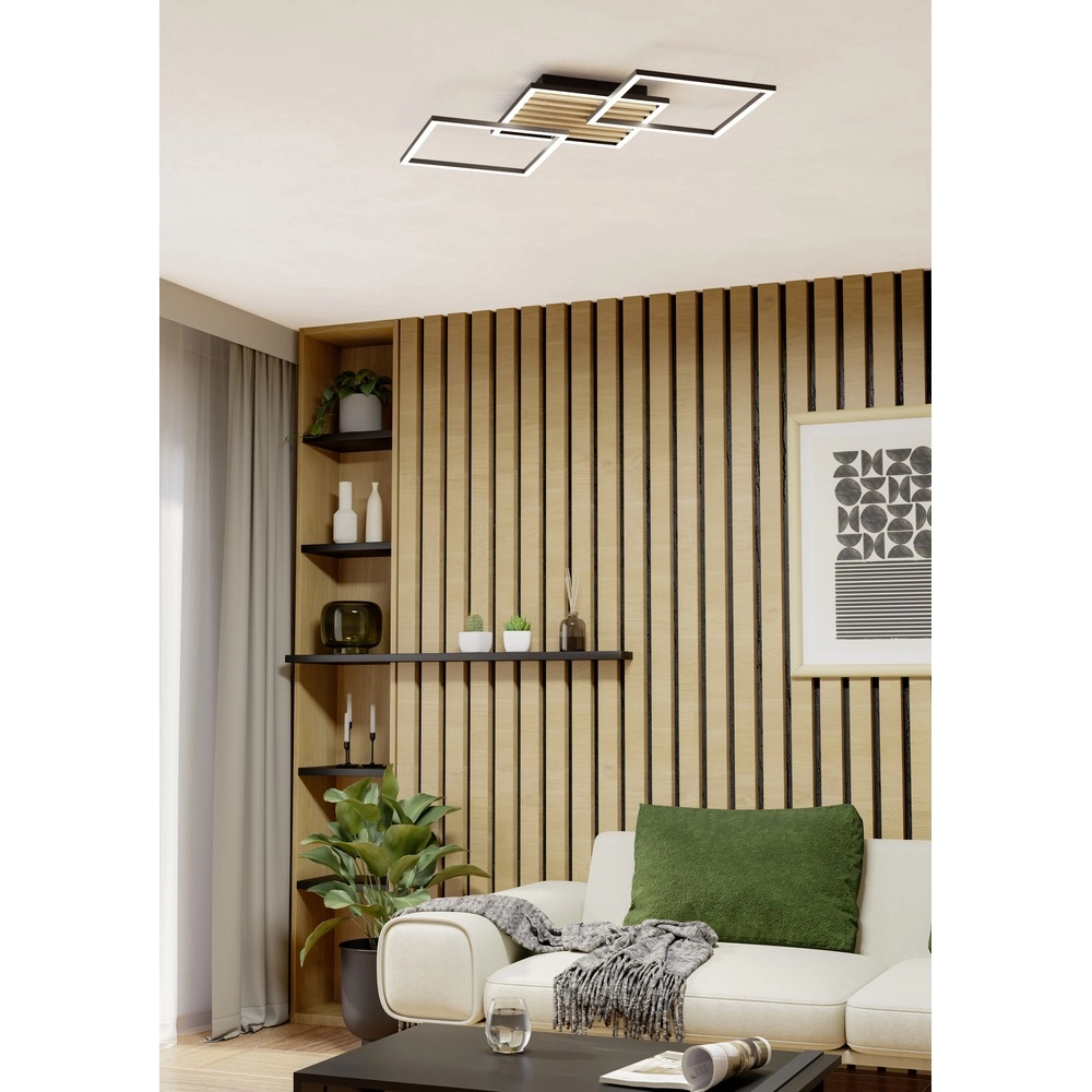 Moderne Deckenlampe Cembrano Schwarz mit Holzquadrat 92,5 cm Eglo 9008606388240