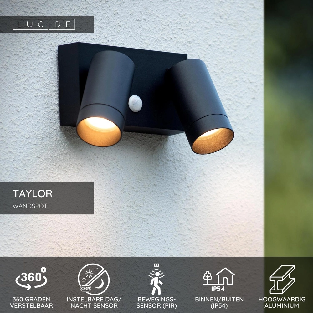 Wandscheinwerfer Taylor IP54-Doppel mit Sensor-Schwarz Lucide 5411212092717