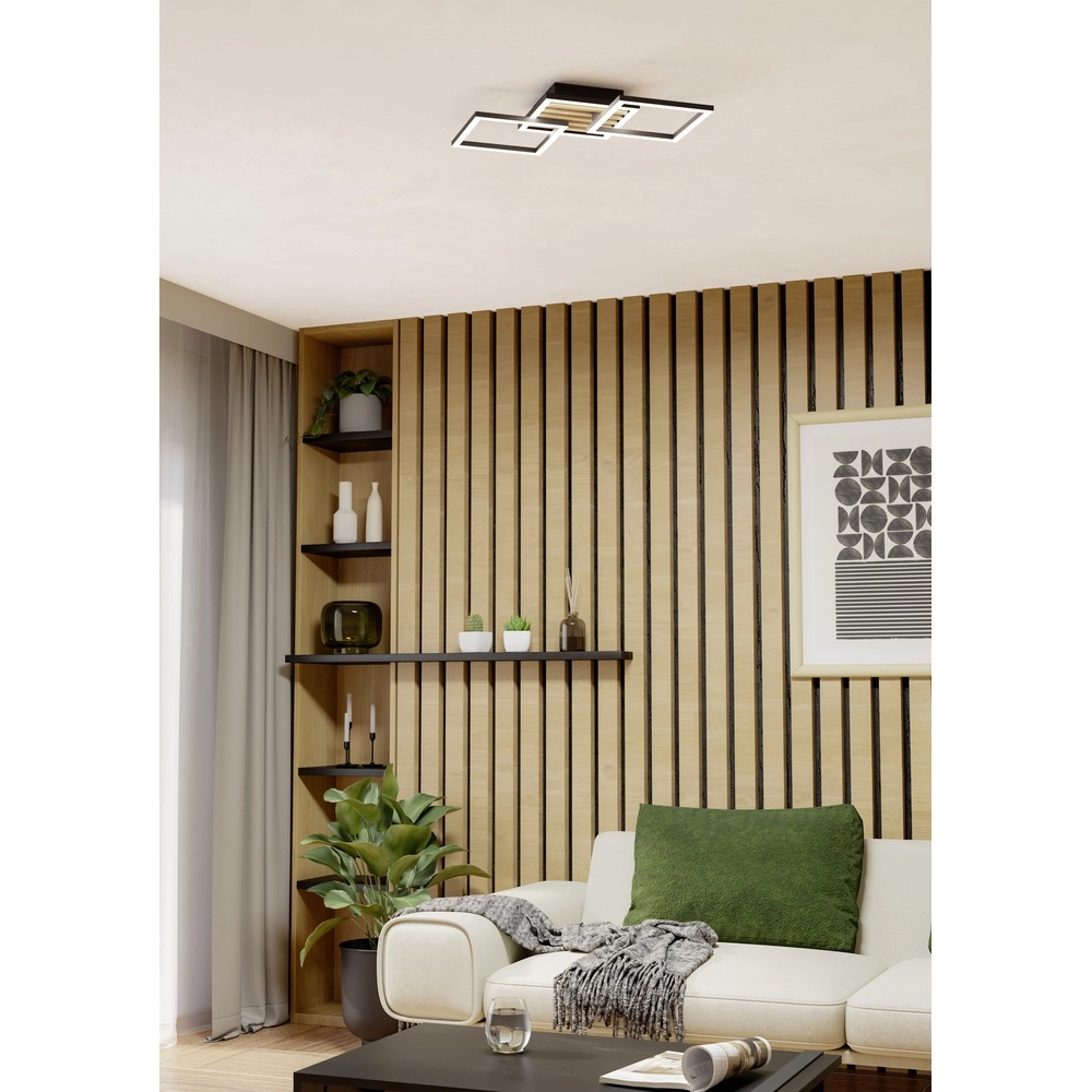 Moderne Deckenlampe Cembrano Schwarz mit Holzquadrat 65,5 cm Eglo 9008606388233