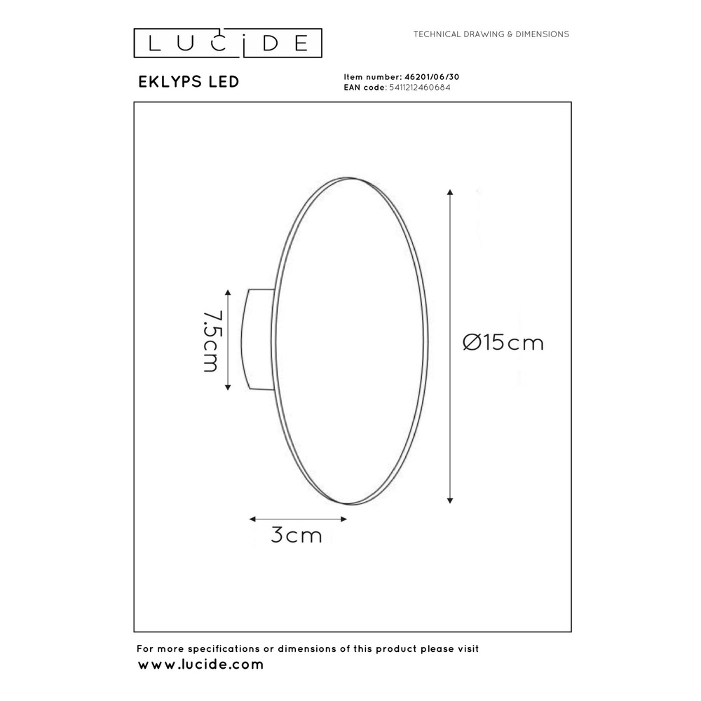 Design-Wandlampe Eklyps Led Ø 15 cm schwarz Lucide 5411212460684
