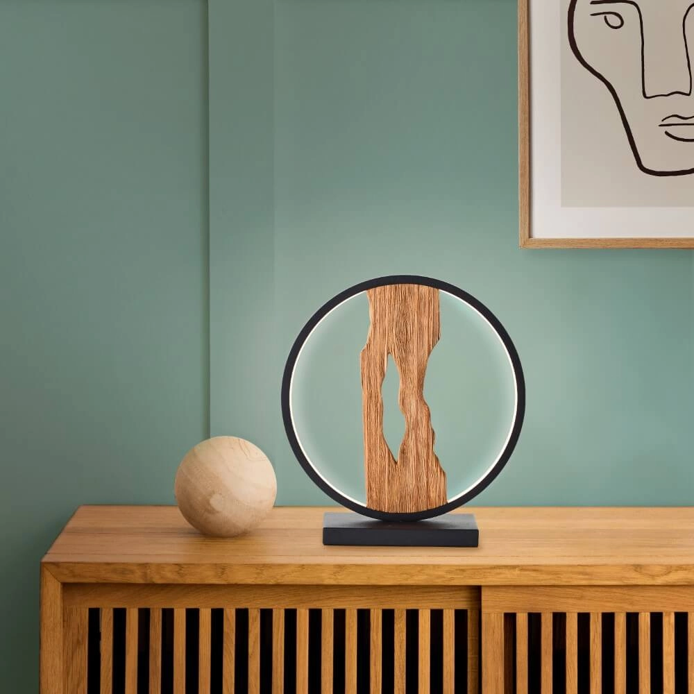 Tischlampe Chaumont rund schwarz mit Holz Brilliant 4004353414978