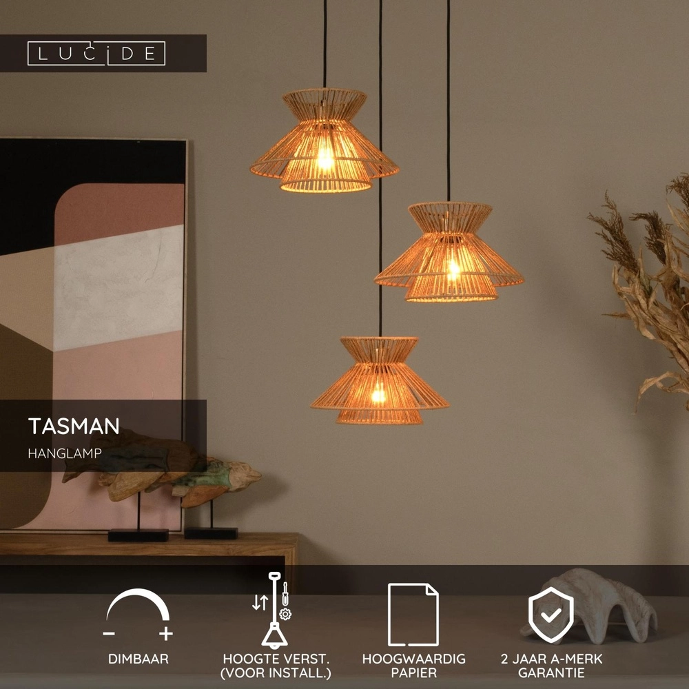 Pendellampe Tasman 3-Licht Rattan Lucide 5411212105998