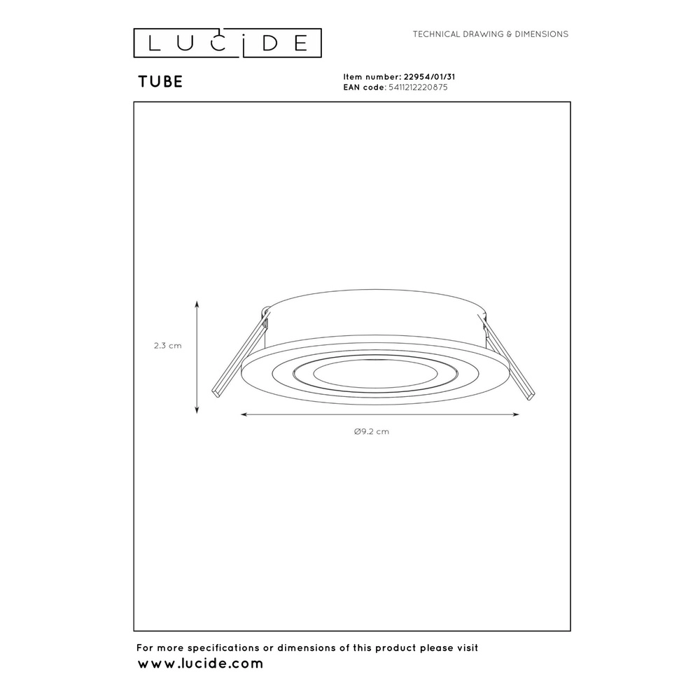 Zurückgesetzter Scheinwerfer Tube weiße Ø 9,2 cm Lucide 5411212220875