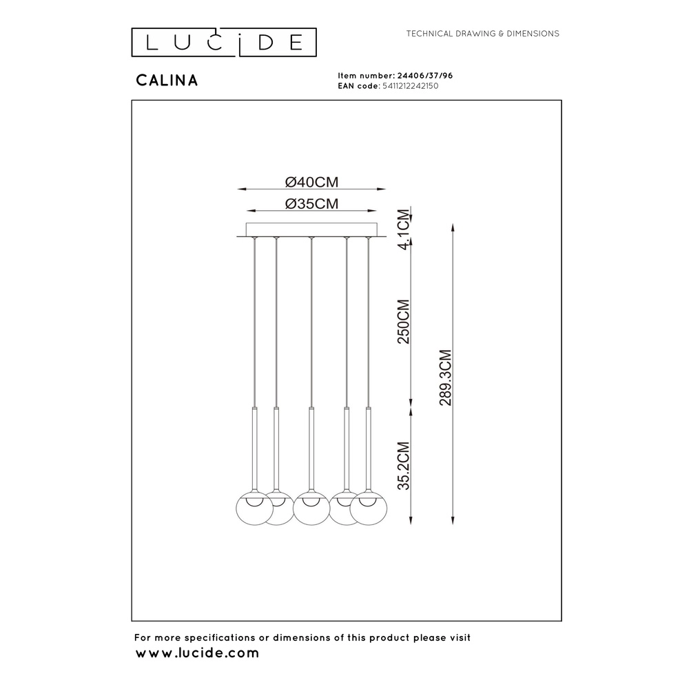 Design-Pendellampe Calina 5-Licht mit bernsteinfarbenen Kugeln Premium by Lucide 5411212242150