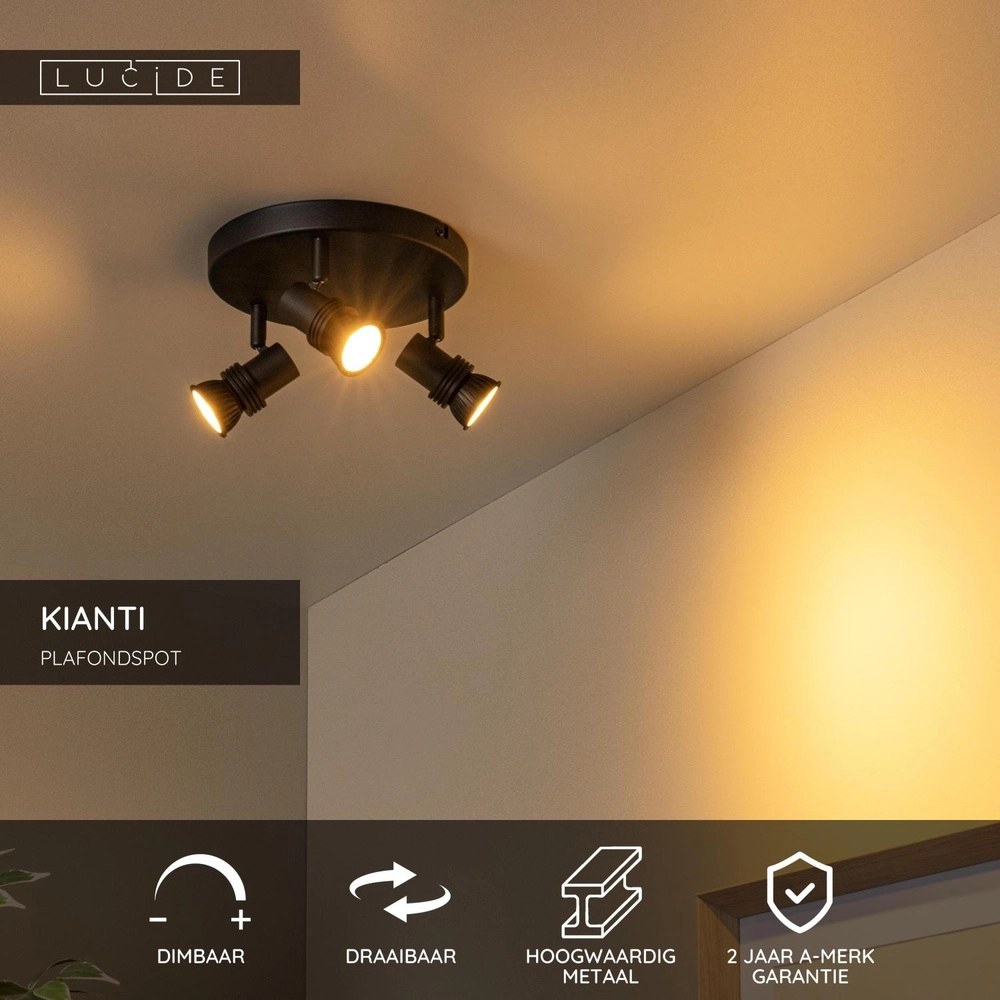 Deckenscheinwerfer Kianti 3-Licht Schwarz Lucide 5411212530875