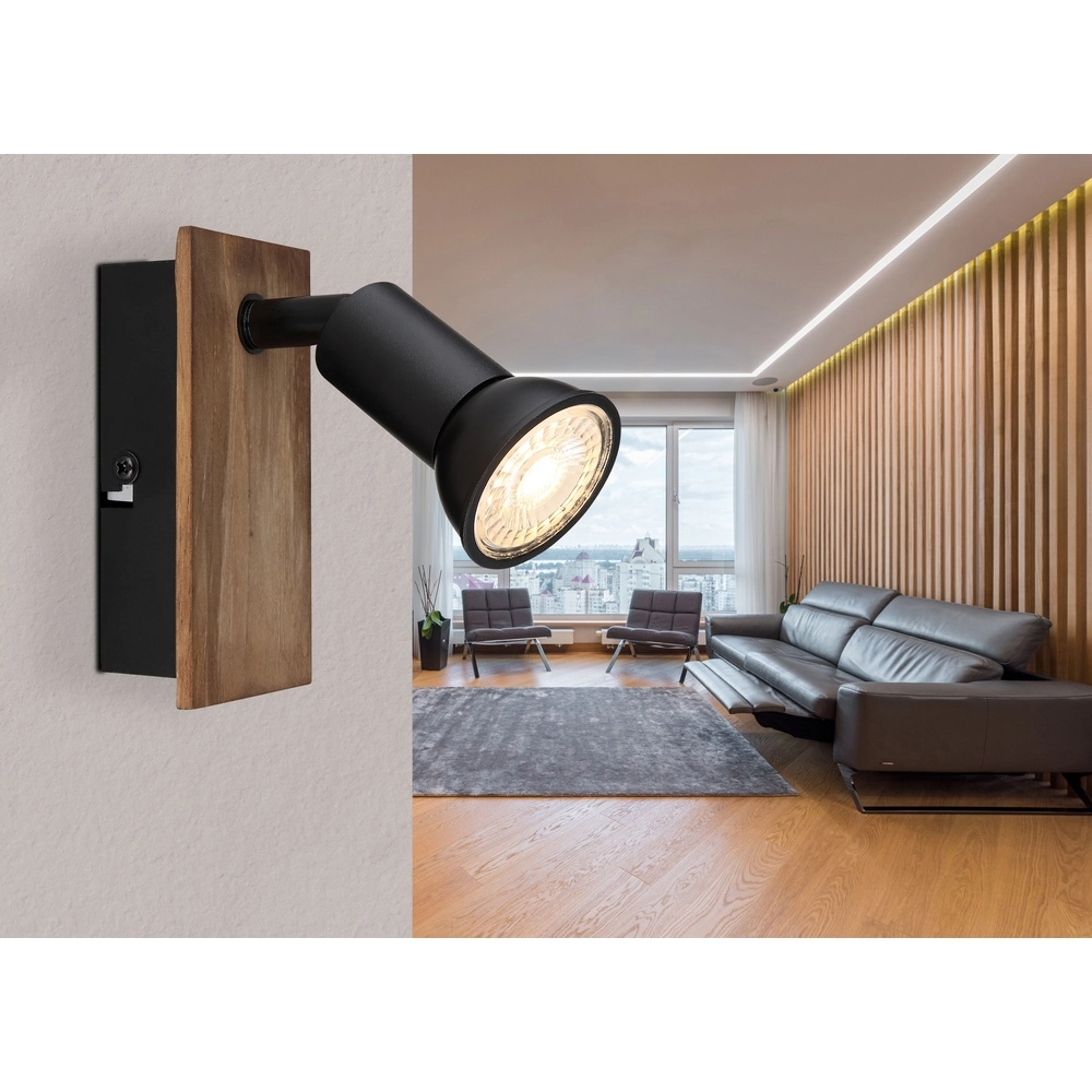 Oberflächenmontierter Spot Drew Schwarz mit Holz Globo 9007371442775