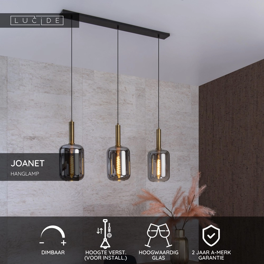 3-Lichs Pendellampe Joanet Glattes Gold mit Rauchglas Lucide 5411212451989
