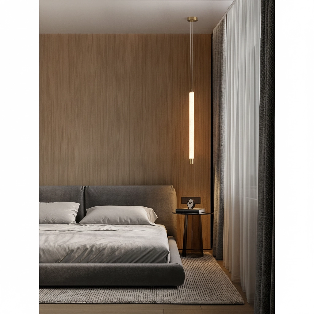 Moderne Pendellampe Muse Gold mit sandbraunem Travertin