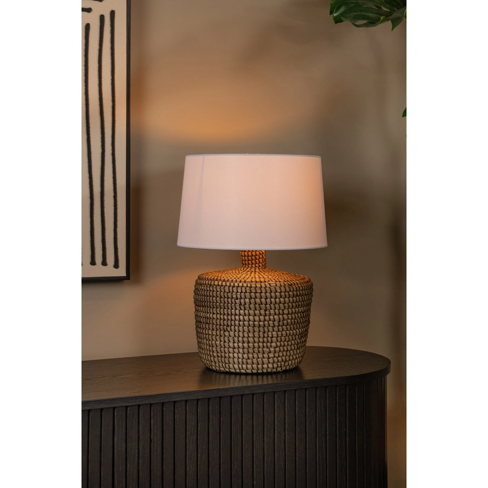 Seegras-Tischlampe Ambala Ø 35cm – braun mit weißem Farbton Premium by Lucide 5411212106100