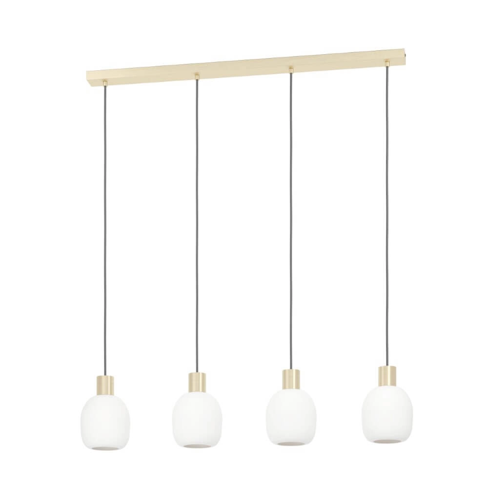 Goldene Esstischlampe Manzanares mit weißem Glas