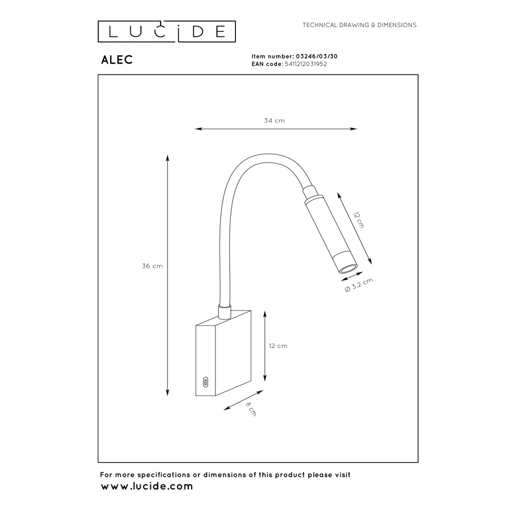 Nachttischlampe Alec schwarz mit USB-Anschluss Lucide 5411212031952
