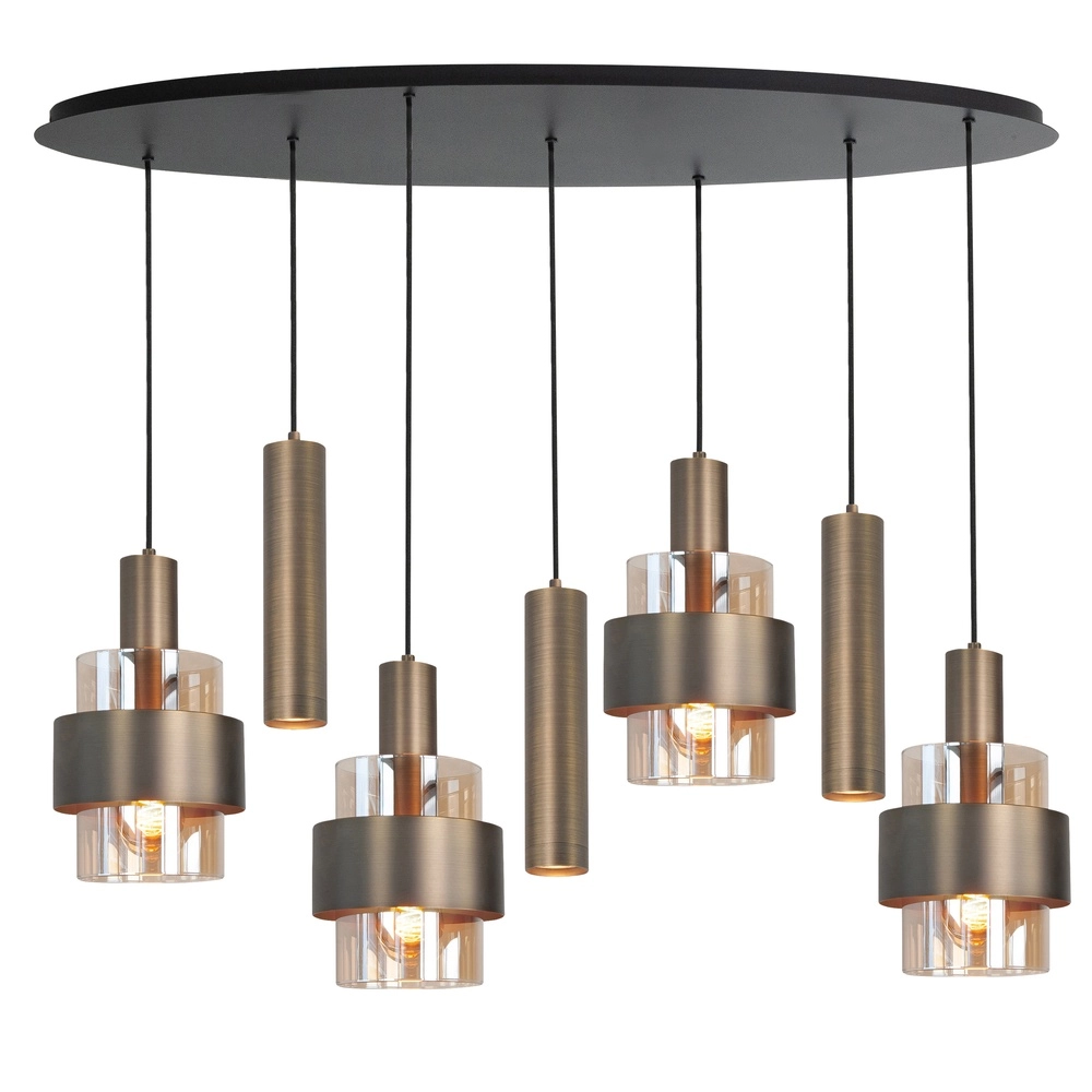 7-flammige Pendelleuchte Marrone schwarz mit Kupferbronze oval