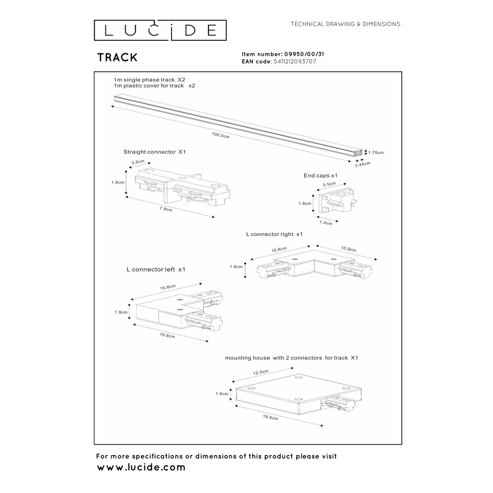Starter-Set für Schienenbeleuchtung Track Einphasenweiß Lucide 5411212093707