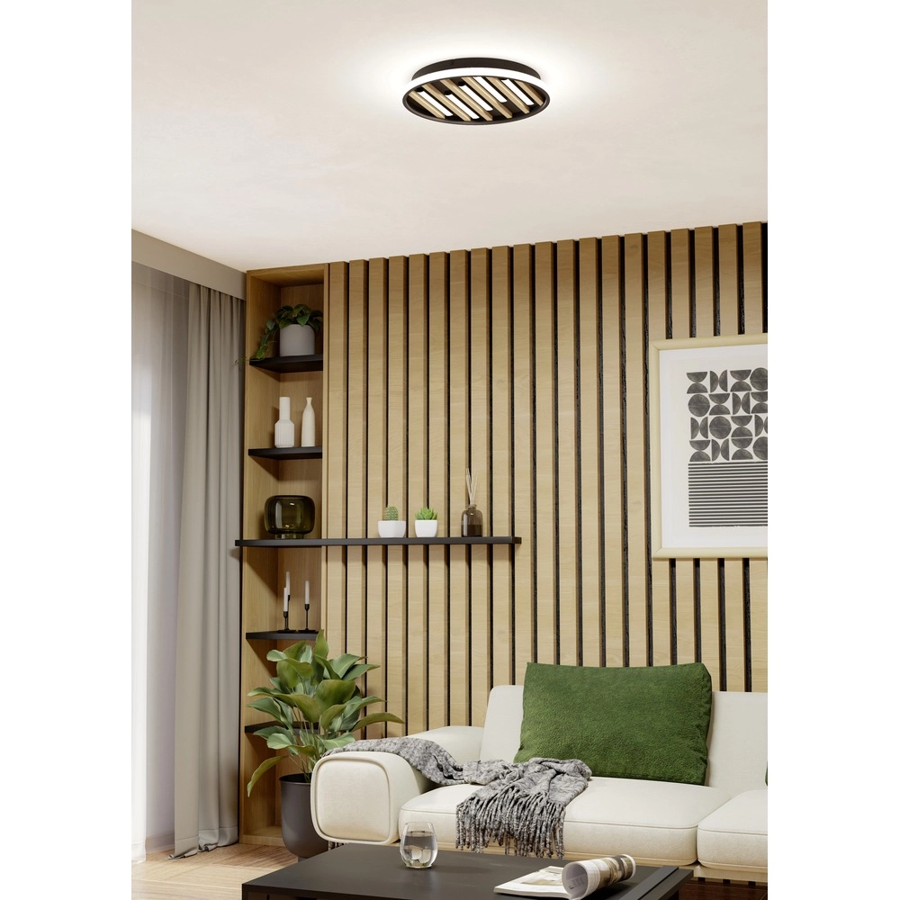 Moderne Deckenlampe Cembrano Rund schwarz mit Holz Eglo 9008606388134