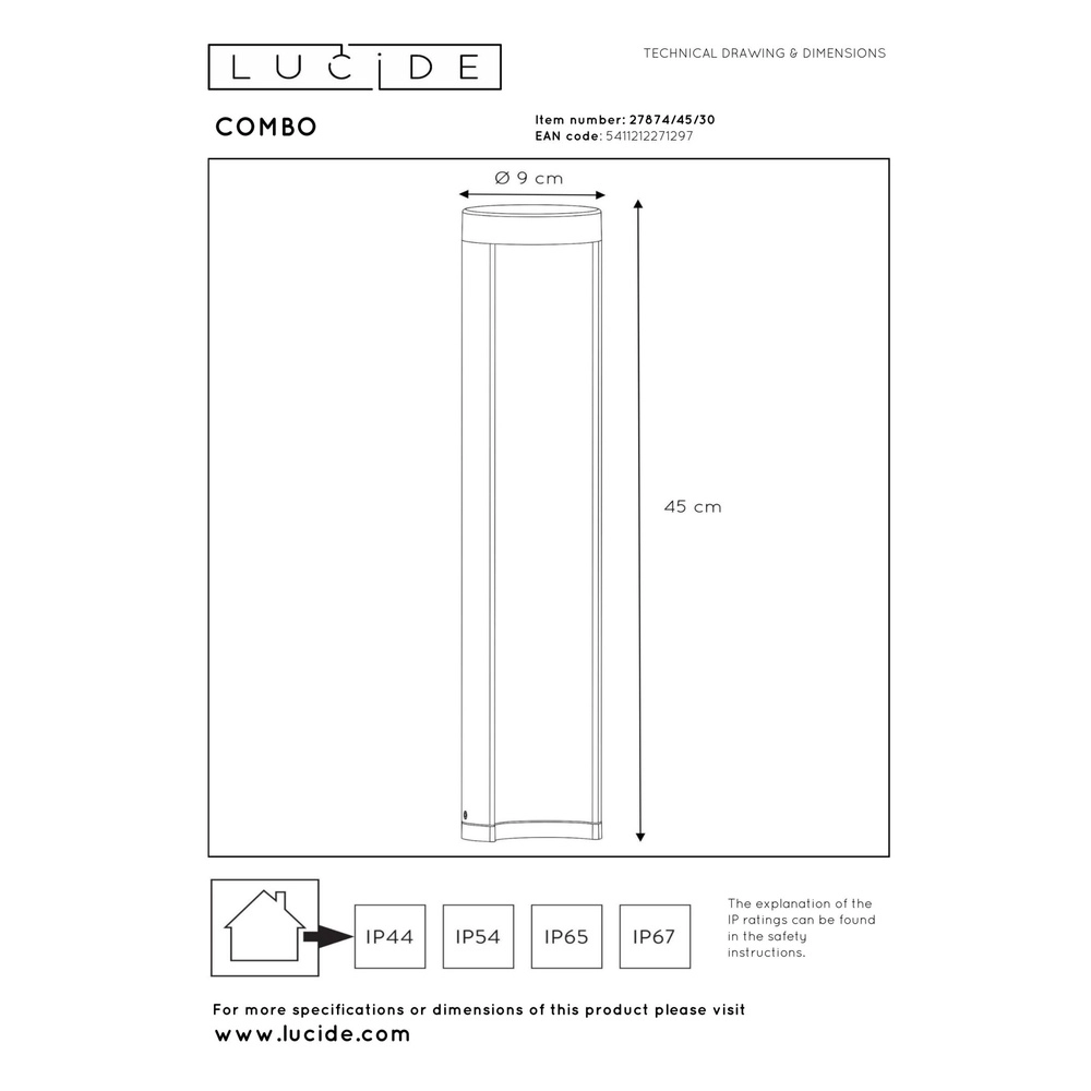 Entwurfspfadbeleuchtung Combo 45 cm schwarz Lucide 5411212271297