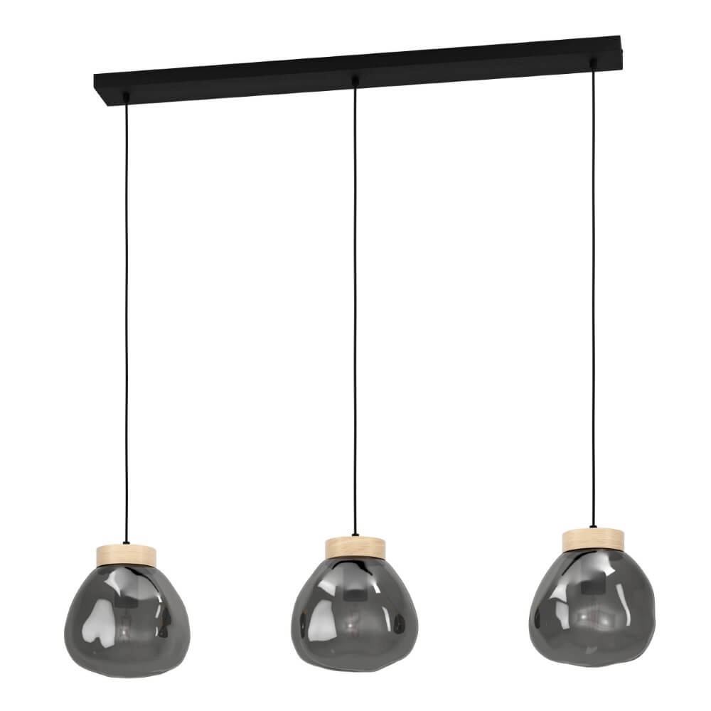 Hängelampe mit 3 Leuchten Magacela Holz mit Rauchglas