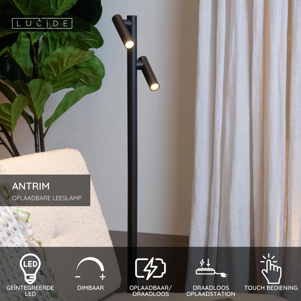 Wiederaufladbare Leselampe Antrim 2-Licht schwarze IP54 Lucide 5411212272270