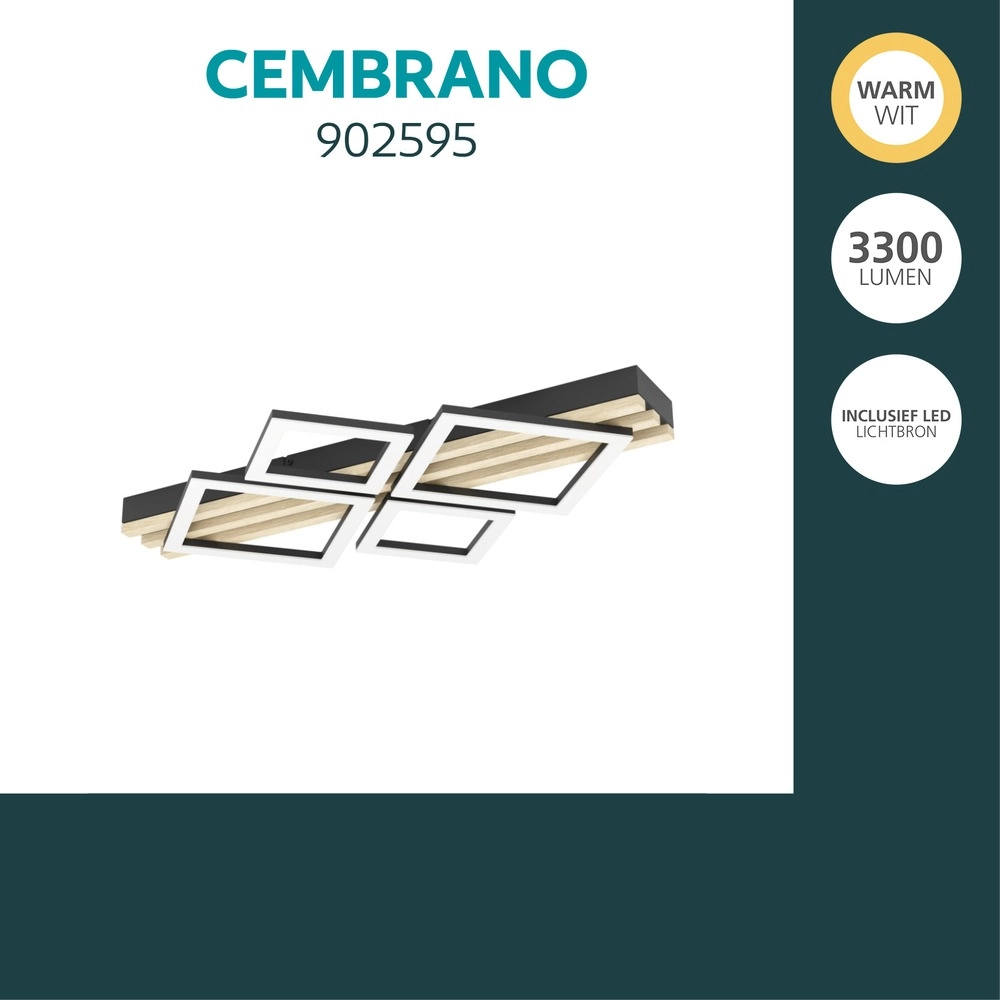 Moderne Deckenlampe Cembrano Schwarz mit Holzquadrat 72 cm Eglo 9008606388202