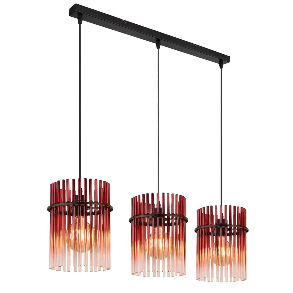Schwarze Pendelleuchte Gorley mit rotem Glas 3-flammig