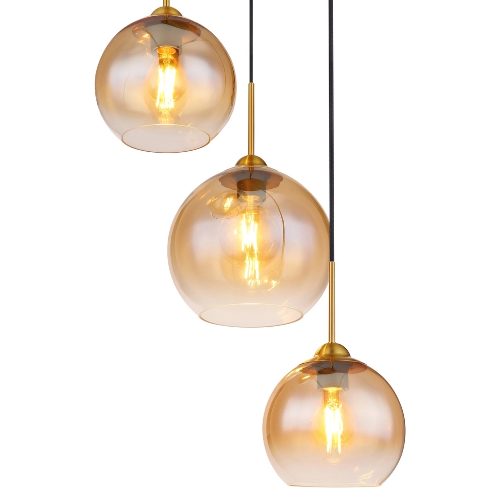 Goldene Pendellampe Jamessa 3-Licht mit bernsteinfarbenem Glas Globo 9007371444687